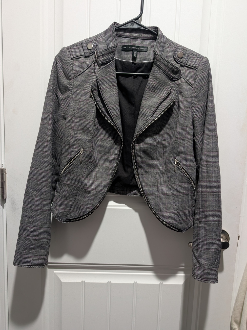 White House Black Market Gray Plaid Moto Blazer